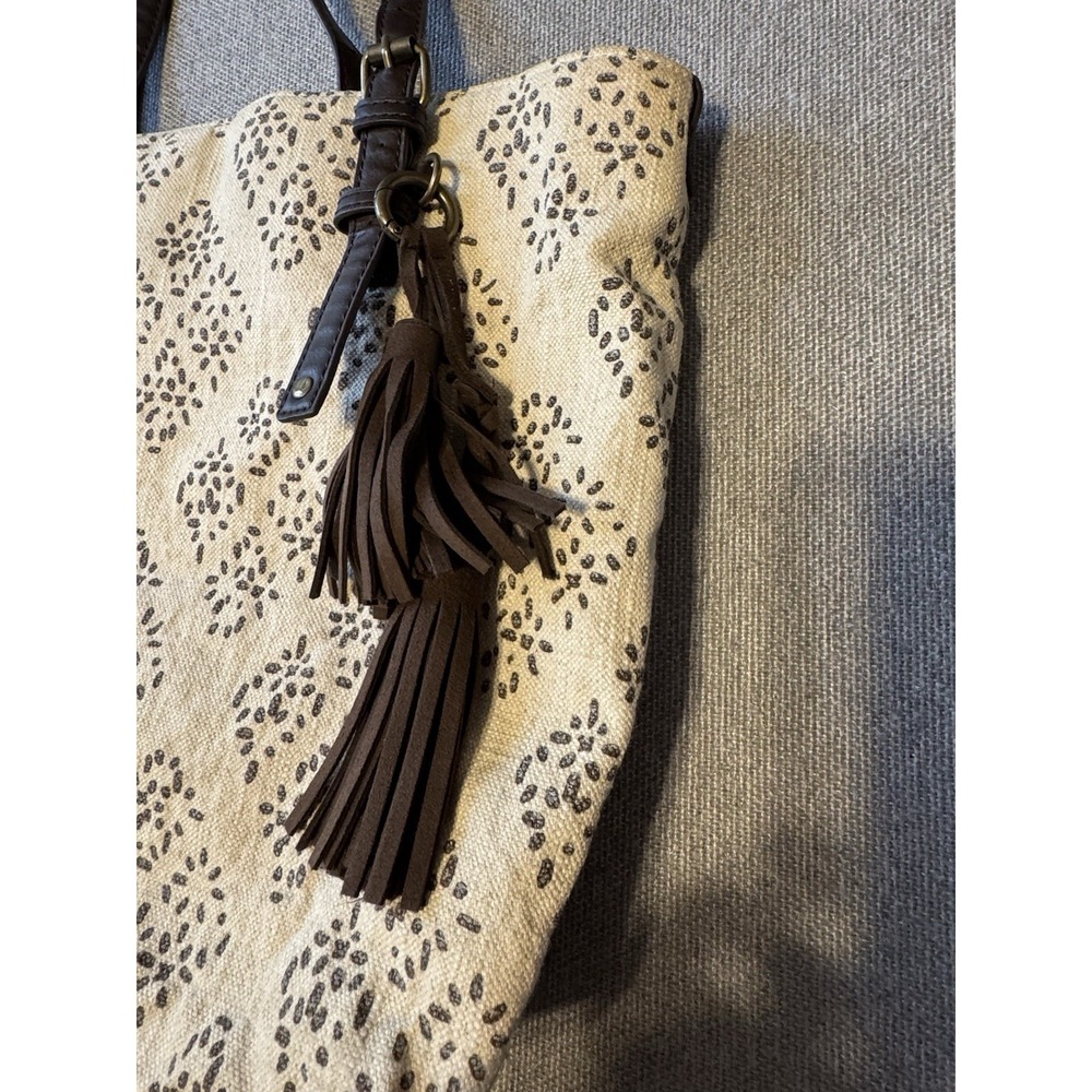 Lucky Brand Tote Bag Cotton Linen Canvas Tassels Dbl Handles Striped‎ Shoulder - Picture 10 of 12